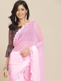 Tikhi Imli - Pink Solid Georgette Ruffle Saree with Unstitched Blouse
