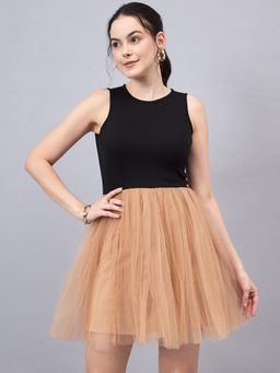 Style Quotient - Women Black Beige Colour blocked Net Dress
