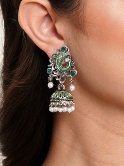 Karatcart - Oxidised Silver Green Stone with Meena Jhumki Earrings for Women