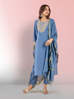Likha - Blue Art Silk Dori Embroidered Yoke Straight Kurta with Solid Pant and Dupatta LIKSKD308