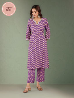 Likha - Purple Pure Cotton Printed Straight Kurta with Mirror Work on Neck & Printed Pant LIKWPSKS011