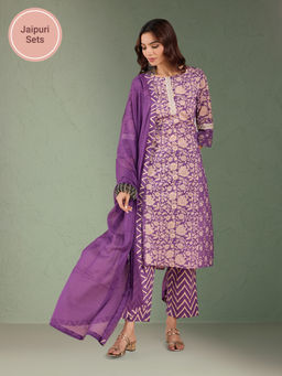 Likha - Purple Pure Cotton Printed Straight Sequins Work Kurta with Printed Pant & Dupatta LIKFEBSKD07