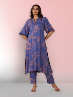 Likha - Blue Soft Rayon Printed Straight Kurta with Ballon Sleeves and Printed Pants LIKCFKS10
