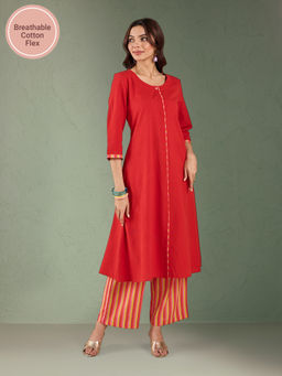 Likha - Red Cotton Flex Solid A Line Kurta with Piping Detailing on Placket & Printed Pant LIKCFKS11