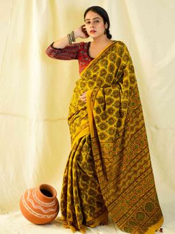 Sundarii - Karishma Ajrkah Hand Block Printed Mul Cotton Saree with Unstitched Blouse