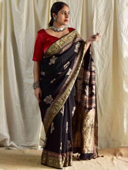 Sundarii - Misri Ajrkah Hand Block Printed Dola Silk Zari Border Saree with Unstitched Blouse