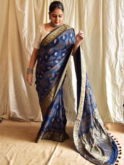 Sundarii - Kareem Ajrkah Hand Block Printed Dola Silk Zari Border Saree with Unstitched Blouse