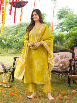 Vaamsi - Yellow Floral Embroidered Straight Kurta with Pant and Dupatta