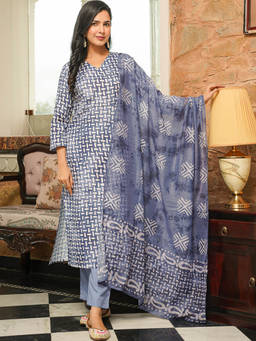 Vaamsi - Blue Batik Printed Straight Kurta with Pant and Dupatta