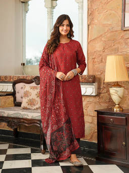 Vaamsi - Maroon Printed Straight Kurta with Pant and Dupatta