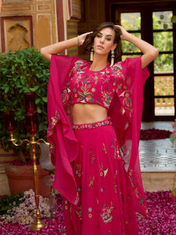 Vaamsi - Women Pink Silk Blend Embroidered Top with Skirt and Shrug