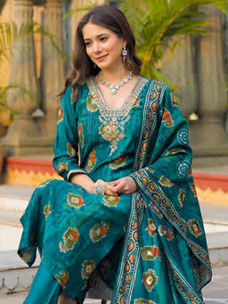 Vaamsi - Women Teal Viscose Embroidered Straight Kurta With Pant & Dupatta