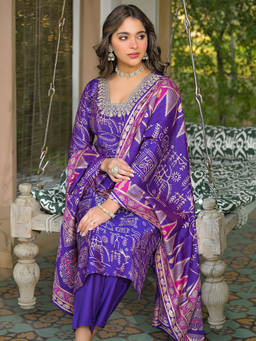 Vaamsi - Women Purple Viscose Ethnic Motifs Straight Kurta With Pant & Dupatta