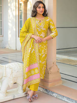 Vaamsi - Women Yellow Viscose Rayon Floral Straight Kurta With Pant & Dupatta