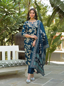 Vaamsi - Women Navy Blue Viscose Rayon Floral Straight Kurta With Pant & Dupatta