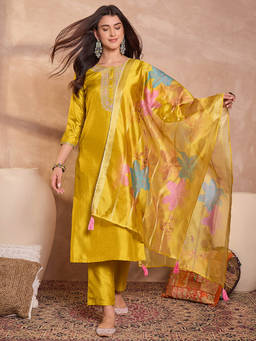 Vaamsi - Women Yellow Embroidered Straight Kurta Pant With Dupatta