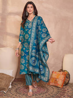 Vaamsi - Blue Cotton Blend Mirror Work Printed Kurti With Pant & Dupatta