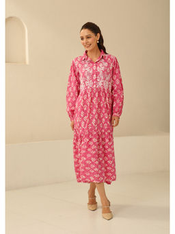House of Chikankari - Cotton Chikankari Printed Womens Long Dress - Pink