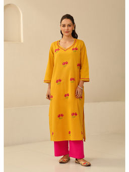 House of Chikankari - Cotton Chikankari Womens Long Kurta - Mustard