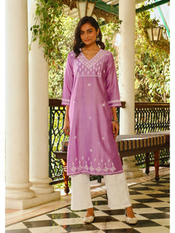 House of Chikankari - Chanderi Chikankari Womens Long Kurta - Lavender