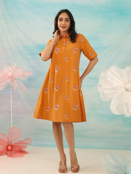 CUSTARD - Rich Mustard Floral Embroidery Cotton Midi Dress