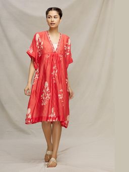 Myoho - Red Kaftan Chanderi Dress with Slip
