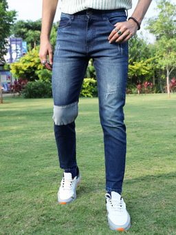 Campus Sutra - Mens Blue Contrast Patch Distressed Denim Jeans