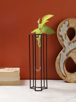 VarEesha - Black Flora Iron Planter with Glass Tube (Set of 2)