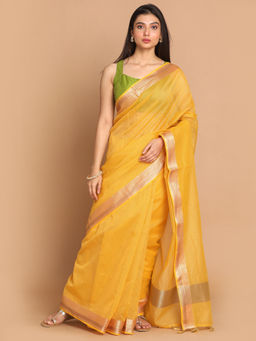Indethnic - Banarasi Yellow Woven Design Daily Wear Saree With Unstitched Blouse