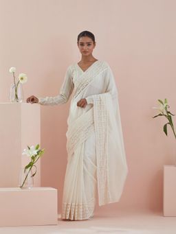 Vinusto - White Chanderi Textured Cotton Saree with Stitched Blouse
