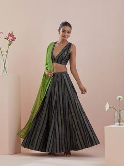 Vinusto - Black Textured Cotton Lehenga with Blouse and Dupatta (Set of 3)