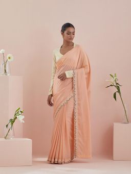 Vinusto - Embroidered Cotton Saree In Peach