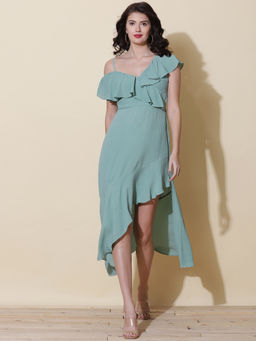 Label Ritu Kumar - Single Shoulder Ruffled Solid Long Dress