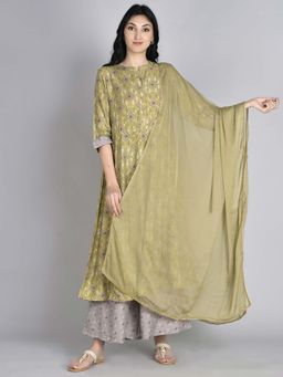 Shree - Women Muslin Green Printed Kurta Palazzo Dupatta (Set Of 3)