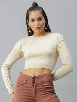 SHOWOFF - Women Choker Neck Solid Cream Crop Top