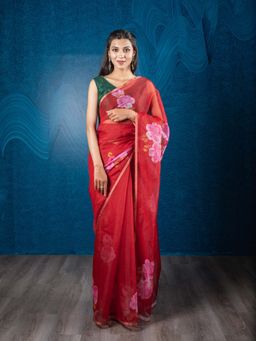 EXCLUSIVA - Red Floral Organza Digital Print Saree Zari Border with Unstitched Blouse