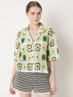 VERO MODA - Beige and Green Abstract Print Crochet Shirt