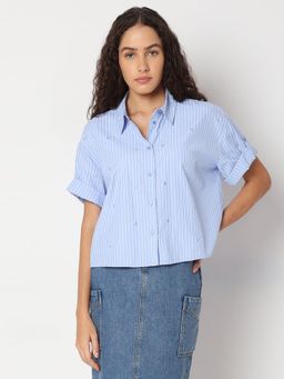 VERO MODA - Blue Striped Embellished Shirt