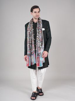 MUFFLY - Black Men’S Pure Wool Kalamkari Print and Aari Embroidery Shawl