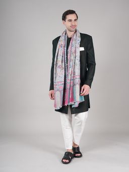 MUFFLY - Blue Men’S Pure Wool Kalamkari Print and Aari Embroidery Shawl