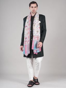 MUFFLY - White Men’S Pure Wool Kalamkari Print and Aari Embroidery Shawl