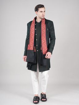 MUFFLY - Black Silky Pashmina Fine Wool Nalki Border Shawl, Kingri Hand Embroidery