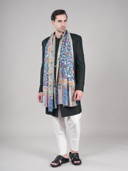 MUFFLY - Blue Men’S Pure Wool Kalamkari Print Stole with Kani Pattern
