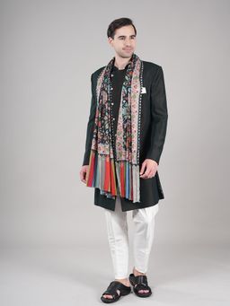 MUFFLY - Black Men’S Pure Wool Kalamkari Print Stole with Kani Pattern