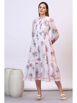 Aurelia - Purple Floral Printed Chiffon Tiered Flared Dress