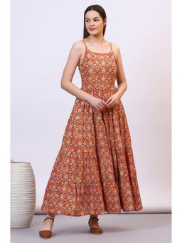 Aurelia - Orange Geometric Printed Pure Cotton Tiered Spaghetti Dress