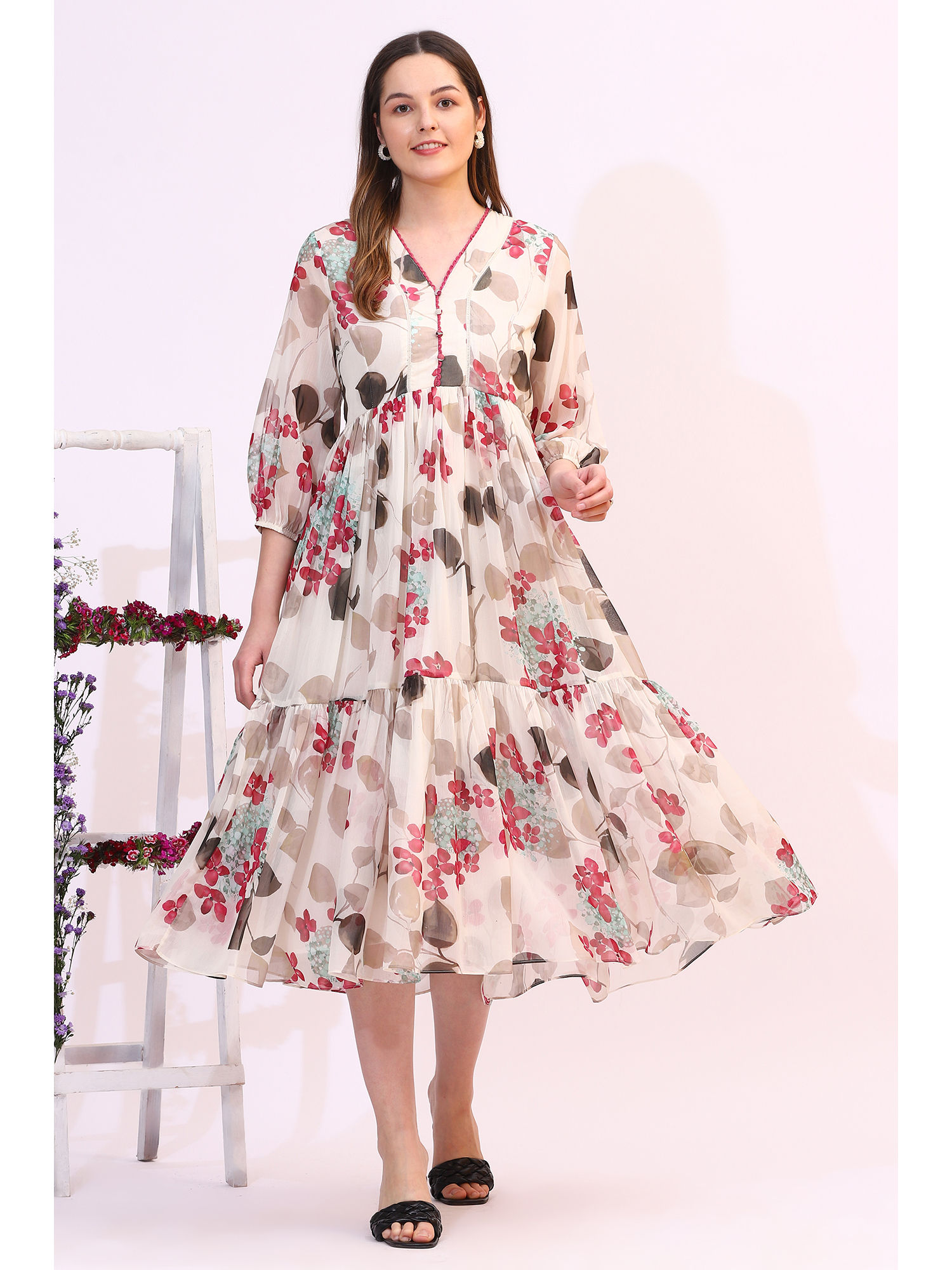 Off White Bold Floral Printed Chiffon Tiered Dress-image-44