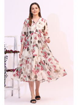 W - Off White Bold Floral Printed Chiffon Tiered Dress