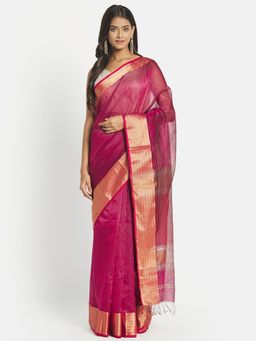 Fabindia - Pink Cotton Silk Maheshwari Woven Saree without Blouse