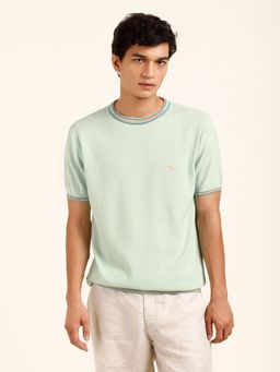 Andamen - Regular Fit Cotton Honeycomb Knit Green Crew Neck T-Shirt